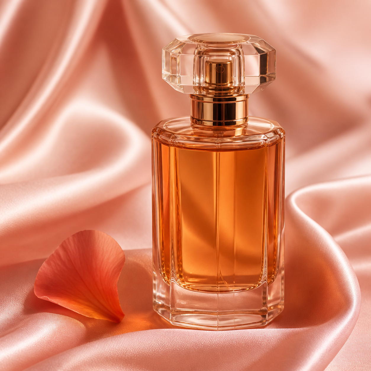 Amber perfume bottle on pink satin